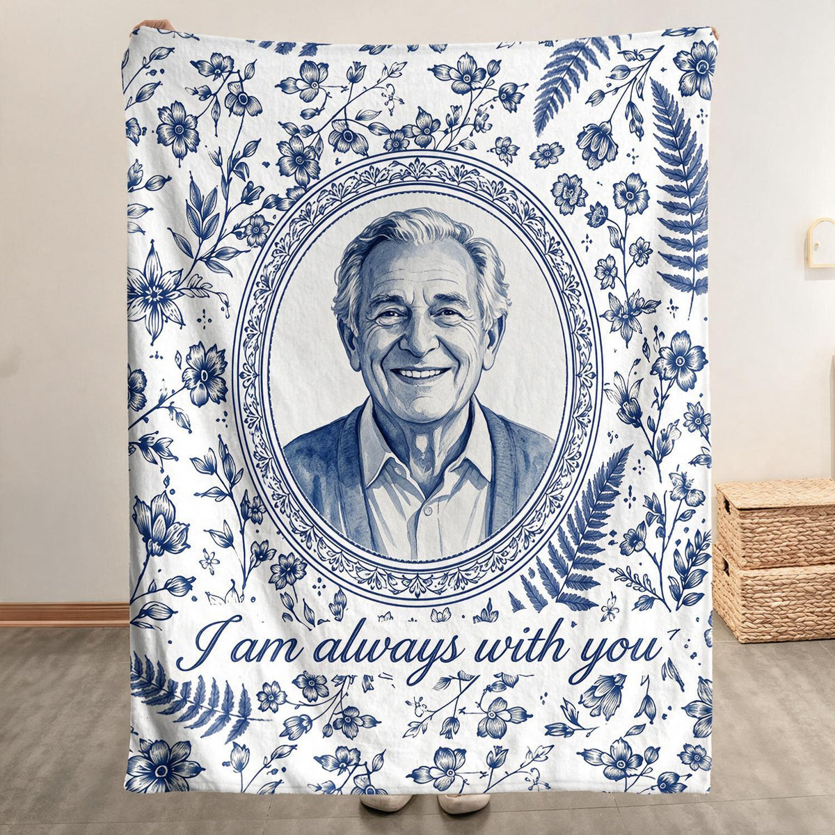 Couverture Portrait Aquarelle Toile Bleue Personnalisée - Cadeau de Sympathie