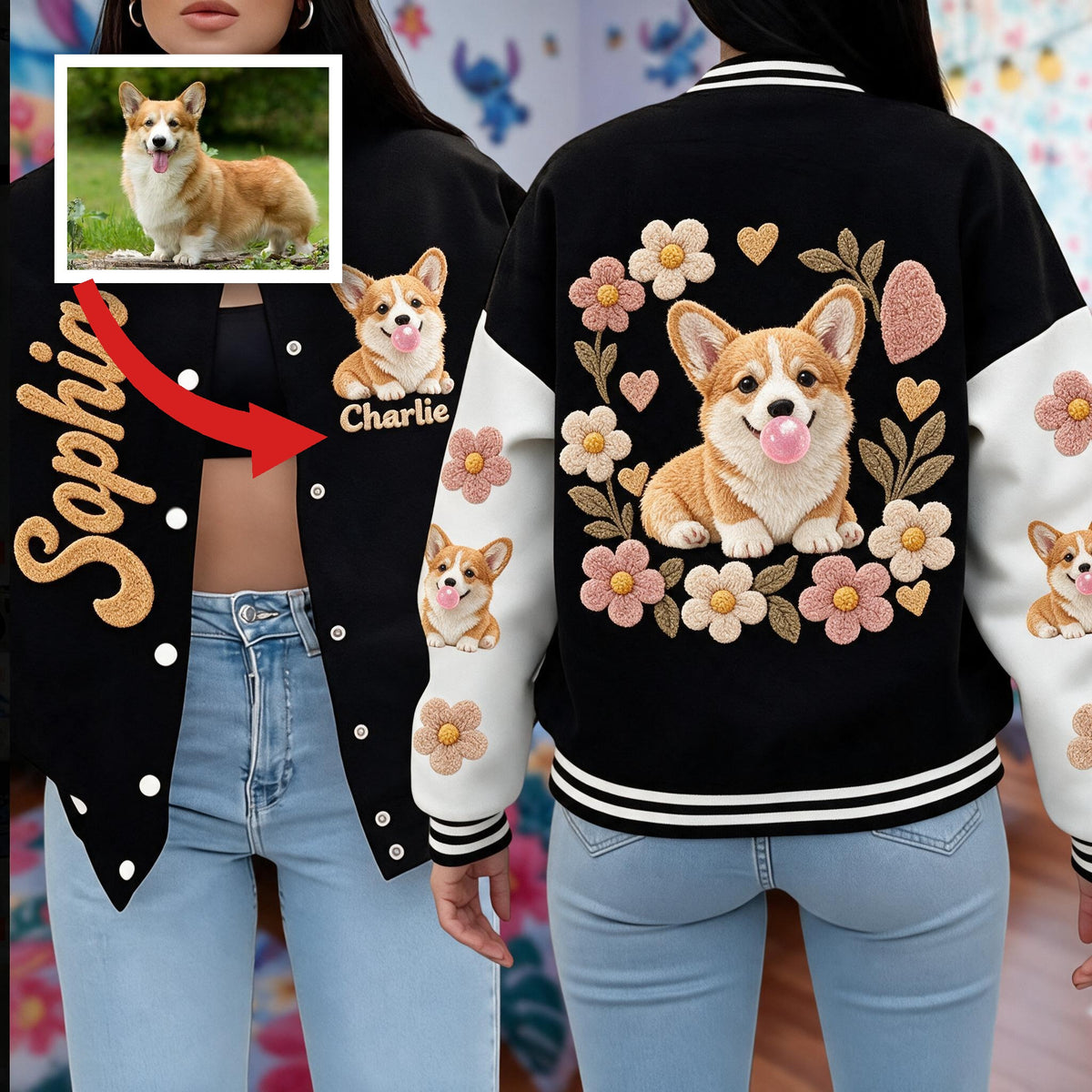 Personalized Tan & White Adult Pembroke Welsh Corgi Varsity Jacket Dog Lover Gift