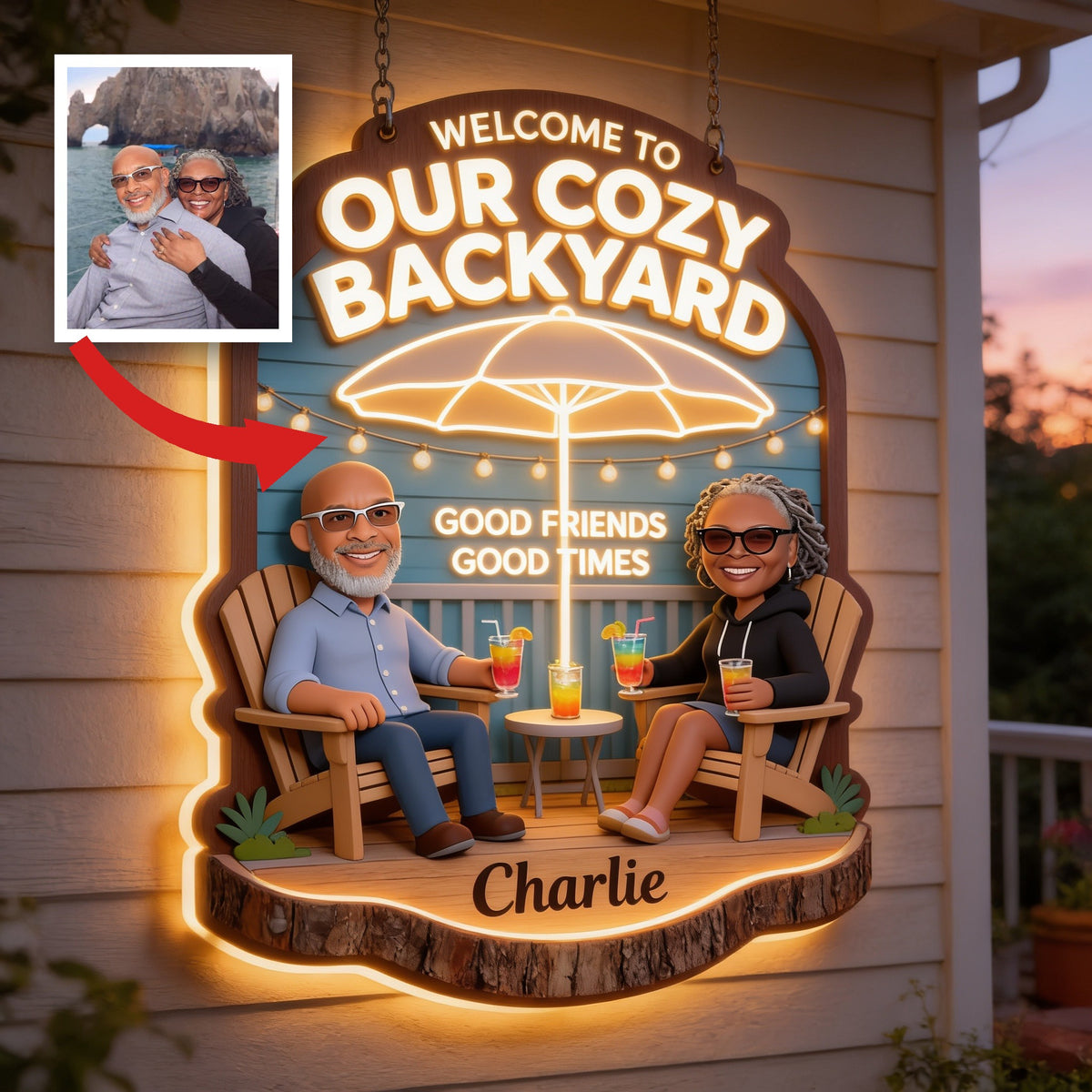 Personalized Middle-Aged Black Couple Backyard LED Light Acrylic Sign Patio Decor