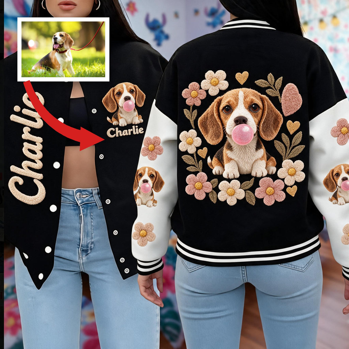 Personalized Tricolor Adult Beagle Varsity Jacket Dog Lover Casual Outerwear