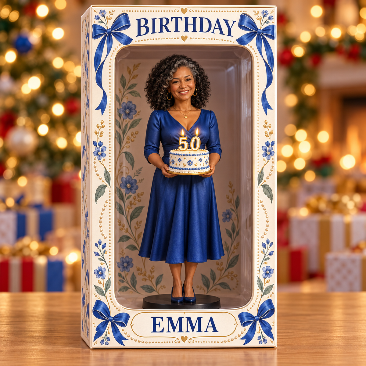 Boîte d'affichage figurine en ruban bleu photo personnalisée - Cadeau d'anniversaire pour femmes de 50 ans