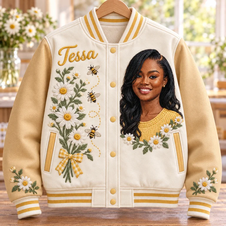 Personalized Daisy Bee Varsity Jacket - Women's Embroidered Portrait and Name