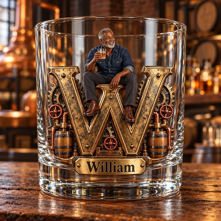 Personalized Custom Photo Industrial Monogram Whiskey Glass - Gift for Older Men Who Love Whiskey
