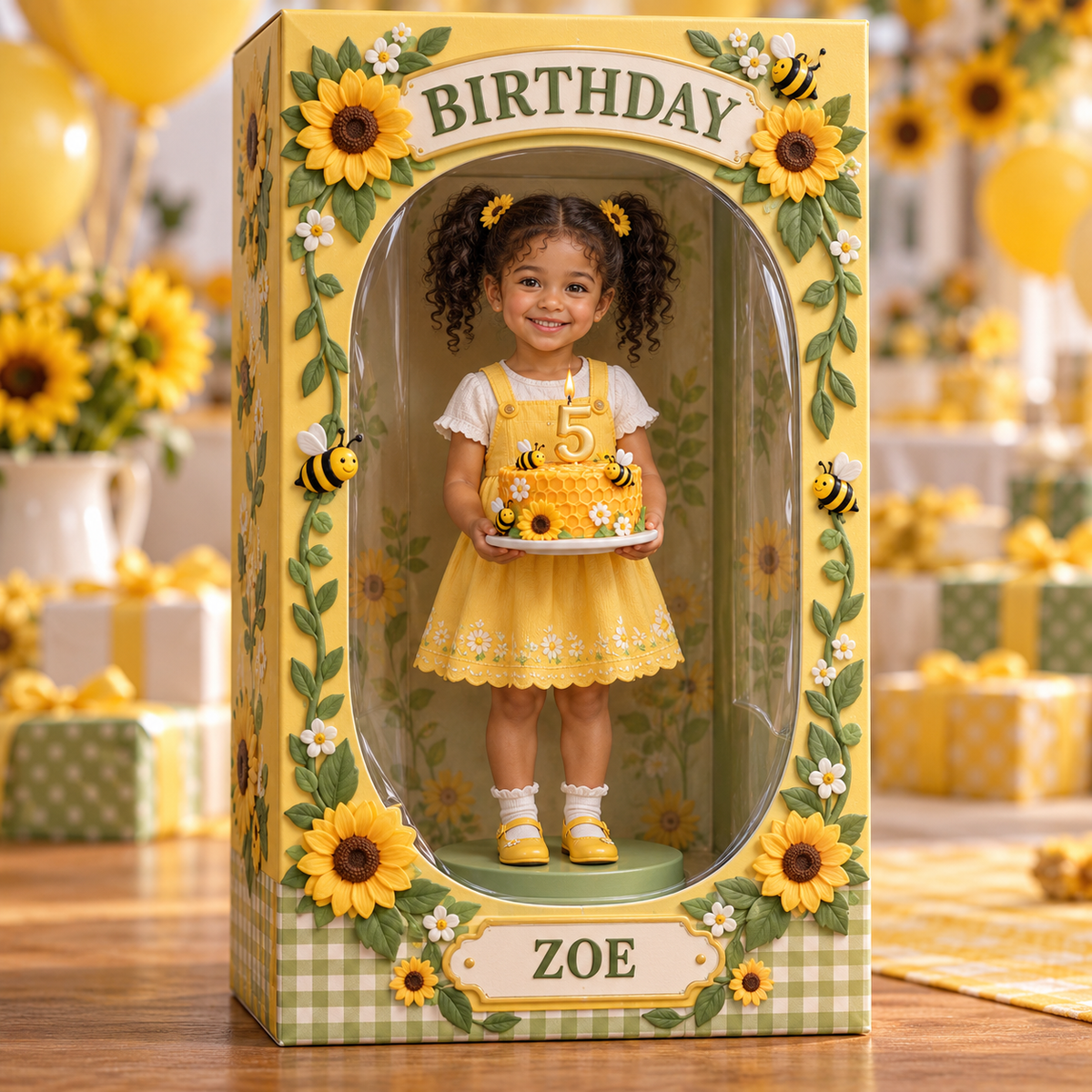 Boîte d'Affichage Acrylique Personnalisée Photo Tournesol Abeille - Cadeau d'Anniversaire pour Filles