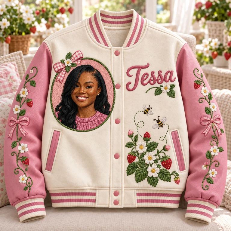 Personalized Strawberry Bow Varsity Jacket - Women's Birthday Gift with Portrait and Name