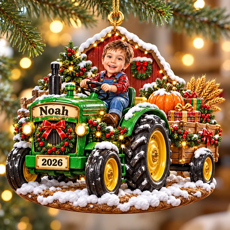 Personalized Custom Photo Tractor 3D Ornament - 2026 Christmas Gift for Boys