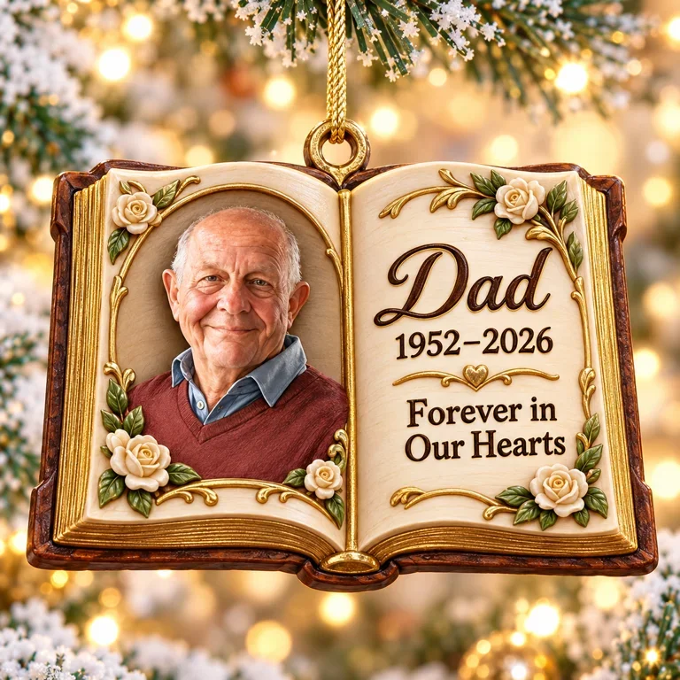 Personalized Custom Photo Dad Memorial Open Book Layered Wood Ornament - Christmas Remembrance Keepsake