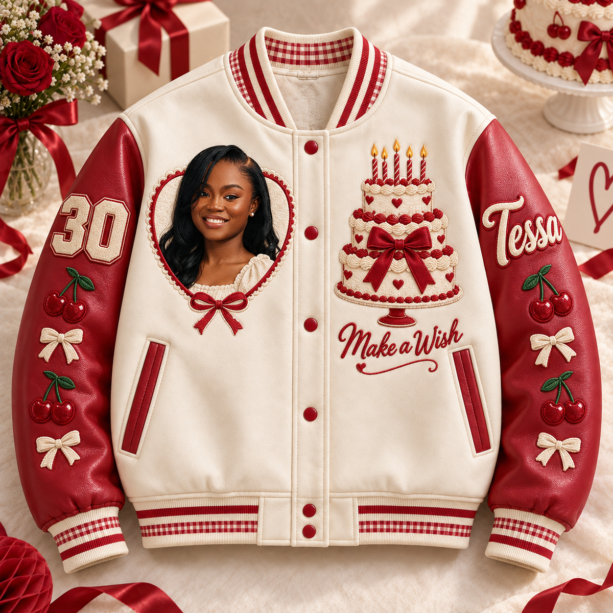 Personalized 30th Birthday Varsity Jacket - Cake, Cherries & Photo Portrait