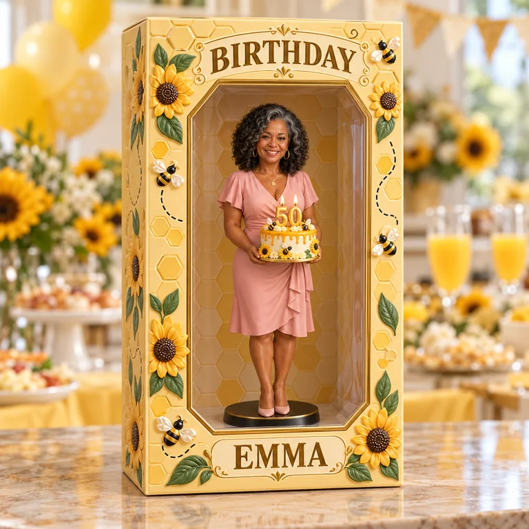 Personalized Custom Photo Sunflower Bee Figurine in Acrylic Display Box - 50th Birthday Gift for Women