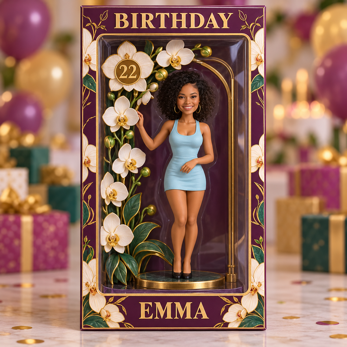 Personalized Orchid Birthday Display Box - Photo Portrait Figurine with Name and Age