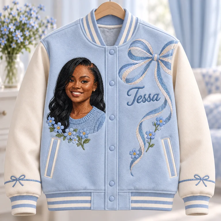 Veste Varsity Personnalisée Bleu avec Nœud - Cadeau d'Anniversaire Femme