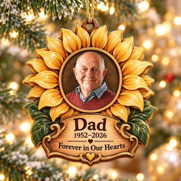 Personalized Custom Photo Dad Memorial Sunflower Layered Wood Ornament - Christmas Remembrance Keepsake