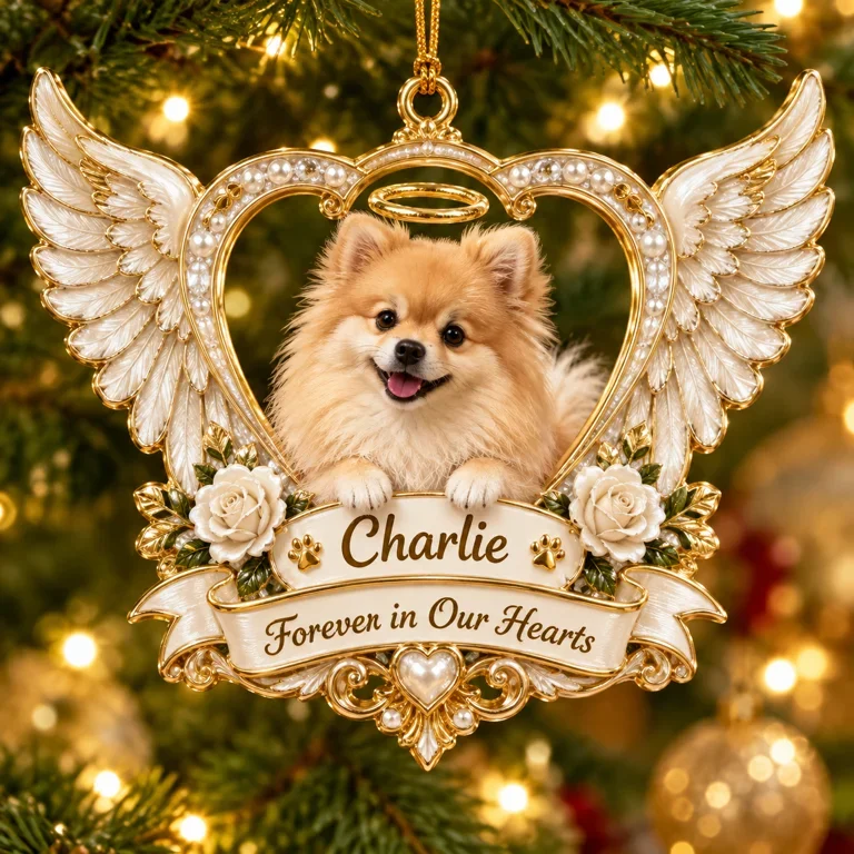 Personalized Custom Photo Pomeranian Memorial 3D Angel Wings Heart Ornament - Christmas Dog Lover Gift