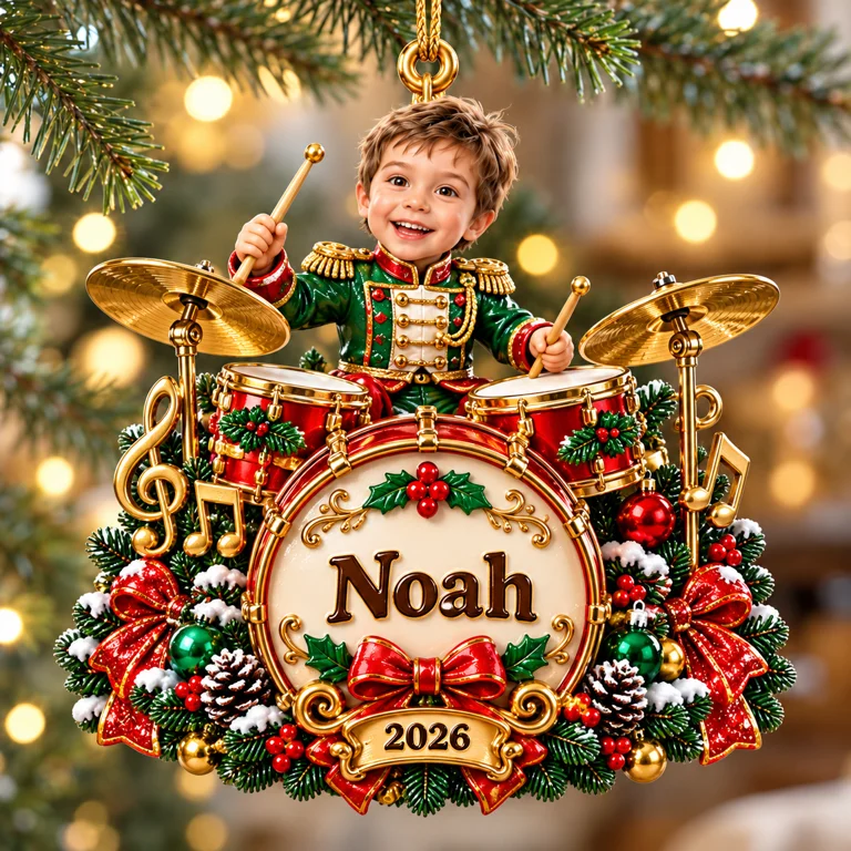 Personalized Custom Photo Drummer 3D Ornament - 2026 Christmas Gift for Boys
