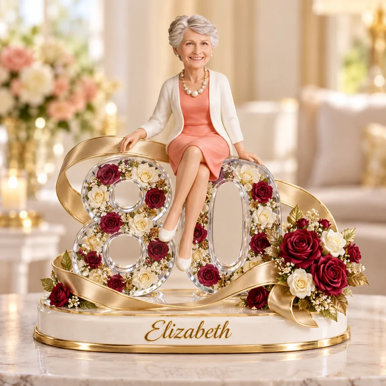 Figurine d'anniversaire personnalisée - Portrait sur mesure, cadeau souvenir en rose et ruban