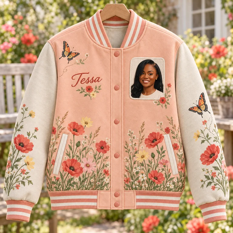 Personalized Poppy Meadow Varsity Jacket - Women's Photo and Name Botanical Design