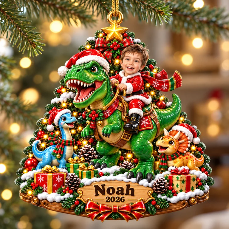 Personalized Custom Photo Dinosaur 3D Ornament - 2026 Christmas Gift for Boys