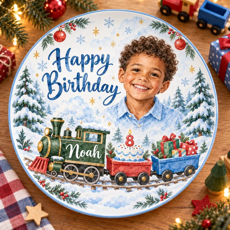 Personalized Christmas Train Ceramic Plate - Birthday Watercolor Portrait, Custom Name and Age