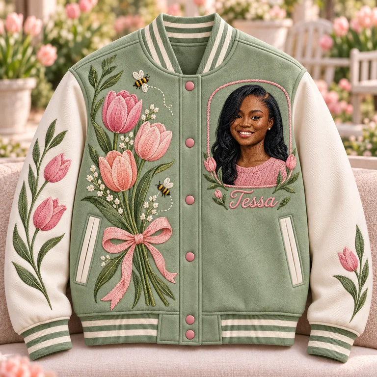 Personalized Tulip Bow Varsity Jacket - Women's Birthday Gift with Portrait and Name