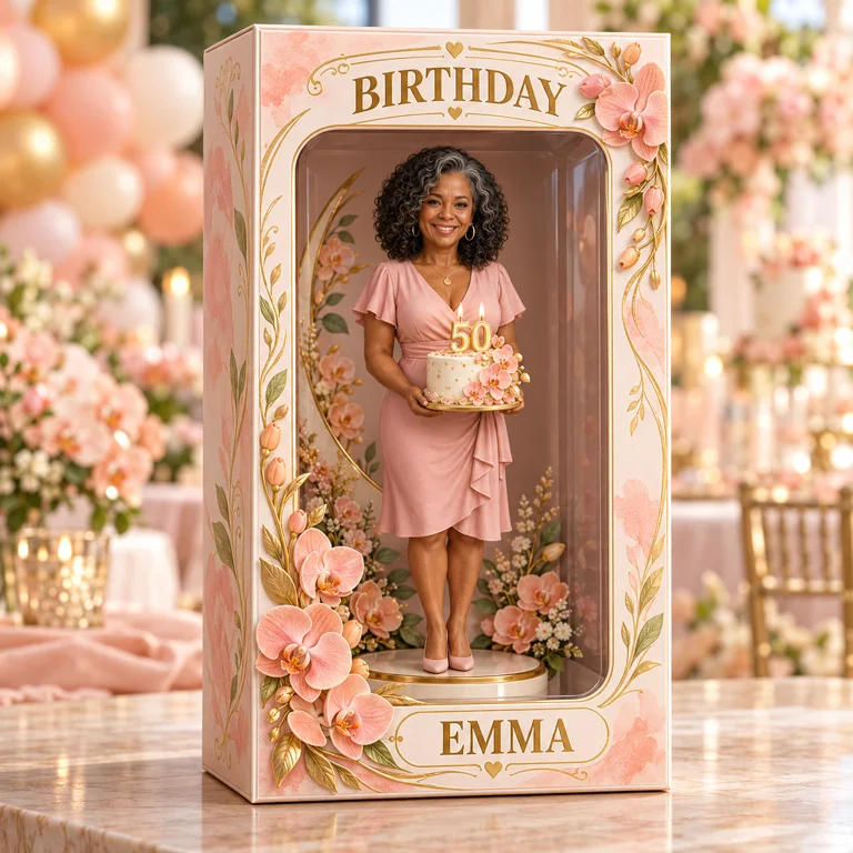 Personalized Custom Photo Peach Orchid Figurine in Acrylic Display Box - 50th Birthday Gift for Women