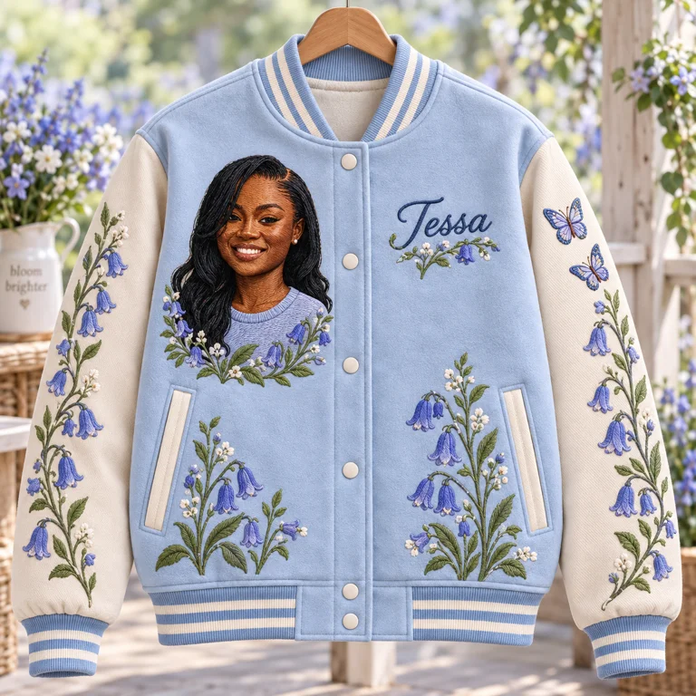 Personalized Bluebell Varsity Jacket for Women - Embroidered Portrait and Name