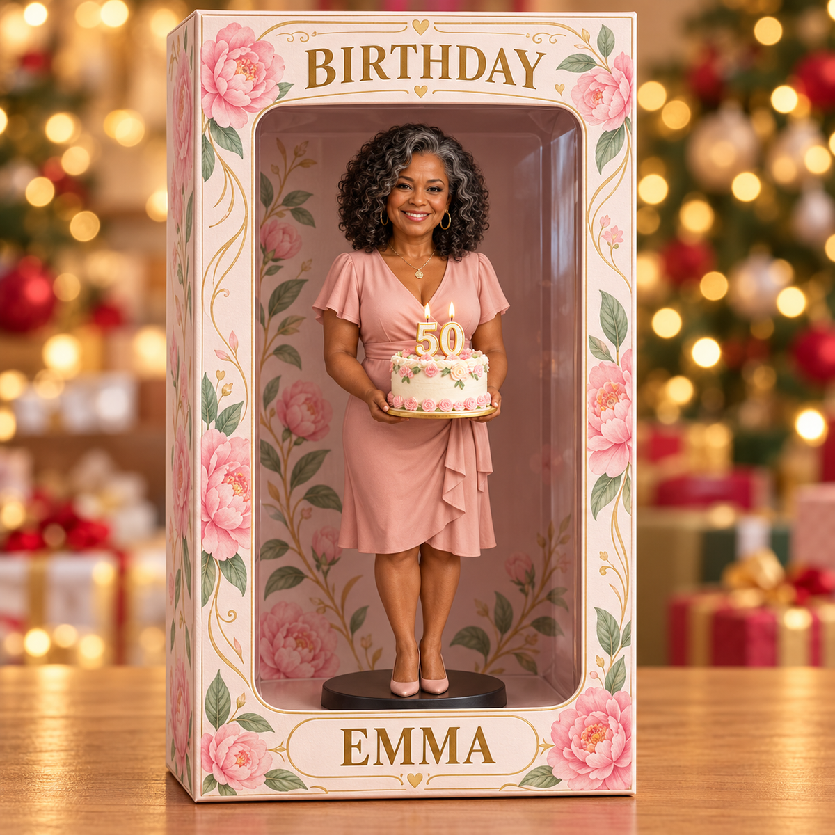 Boîte d'affichage figurine photo personnalisée Pivoine Rose - Cadeau d'anniversaire pour femmes