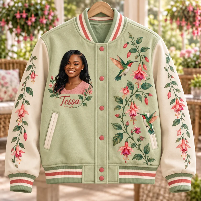 Personalized Hummingbird Varsity Jacket - Women's Floral Photo Portrait