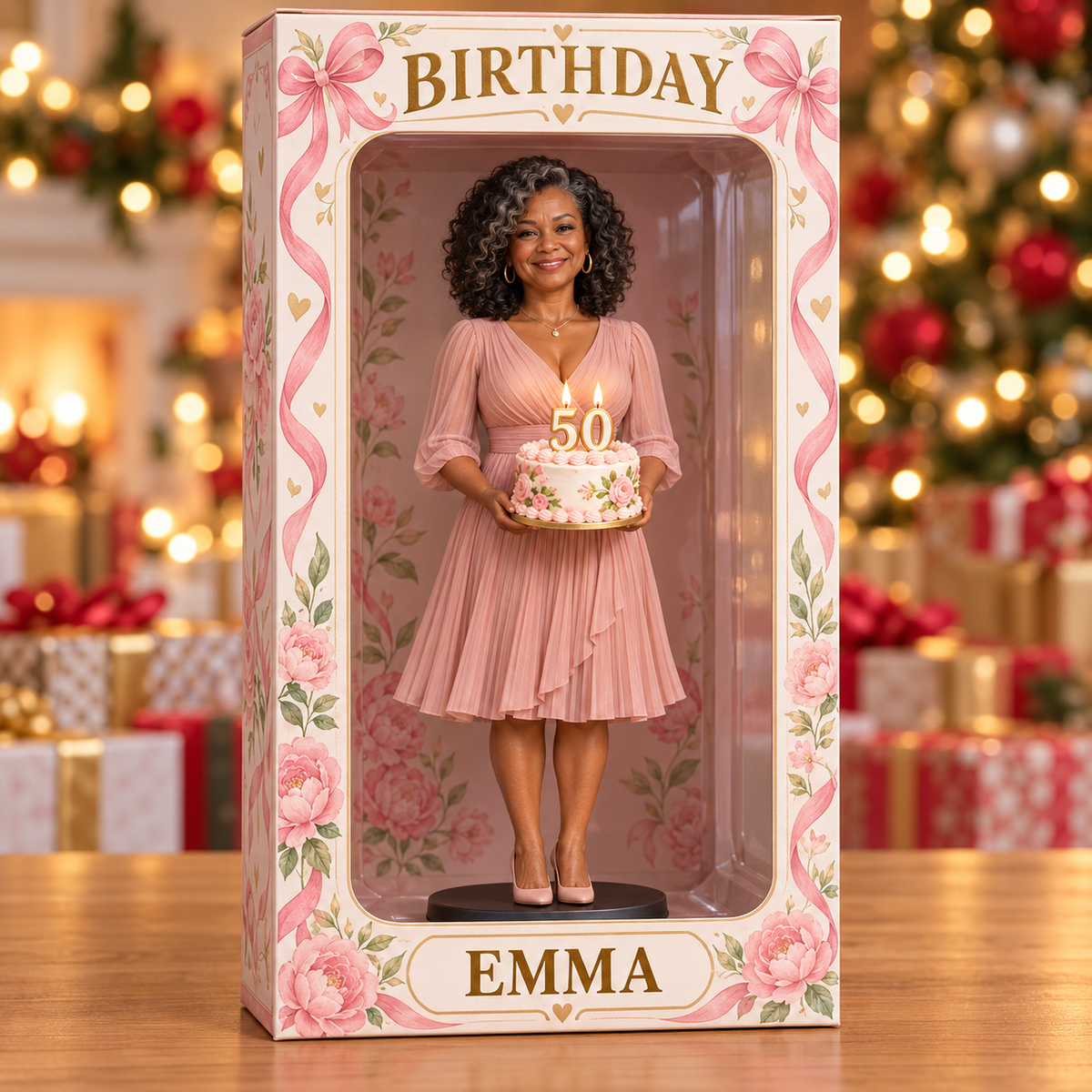 Personalized Custom Photo Pink Ribbon Figurine Display Box - 50th Birthday Gift for Women