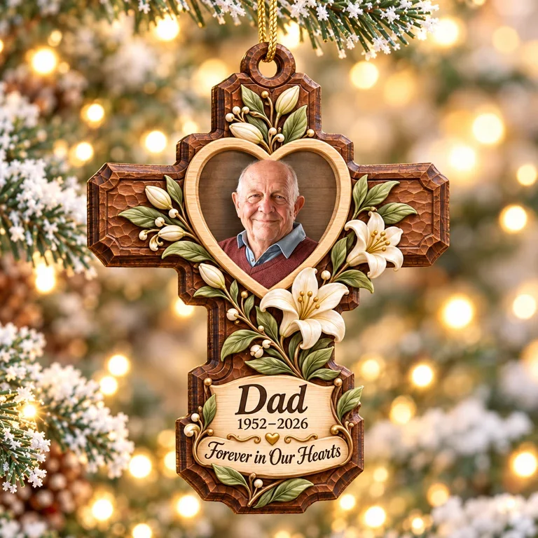 Personalized Custom Photo Dad Memorial Cross Layered Wood Ornament - Christmas Remembrance Keepsake