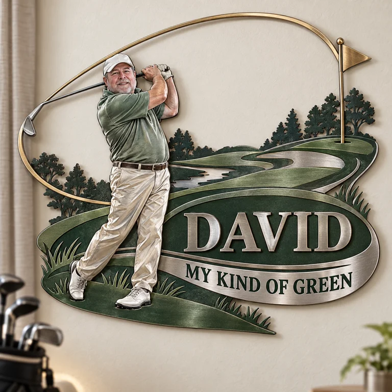 Art Mural Métallique de Golf Personnalisé - Portrait et Nom, Décor de Golfeur