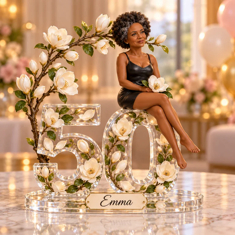 Plaque Acrylique Personnalisée en Forme de Magnolia - Cadeau d'Anniversaire des 50 Ans pour Femmes