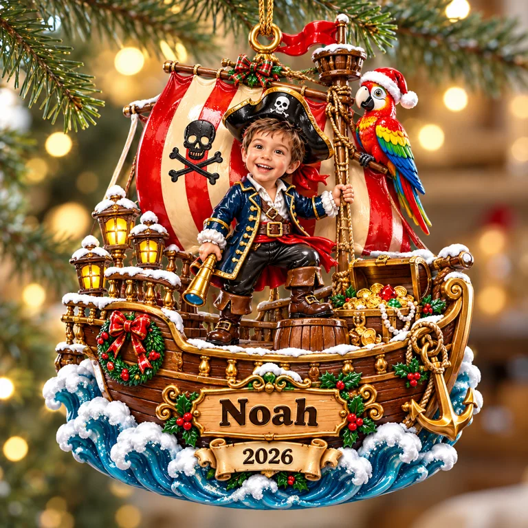 Personalized Custom Photo Pirate Ship 3D Ornament - 2026 Christmas Gift for Boys