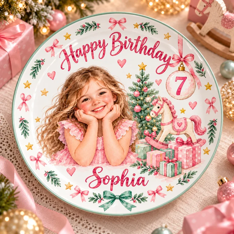 Personalized Birthday Ceramic Round Plate - Pink Christmas Portrait, Rocking Horse, Custom Name and Age