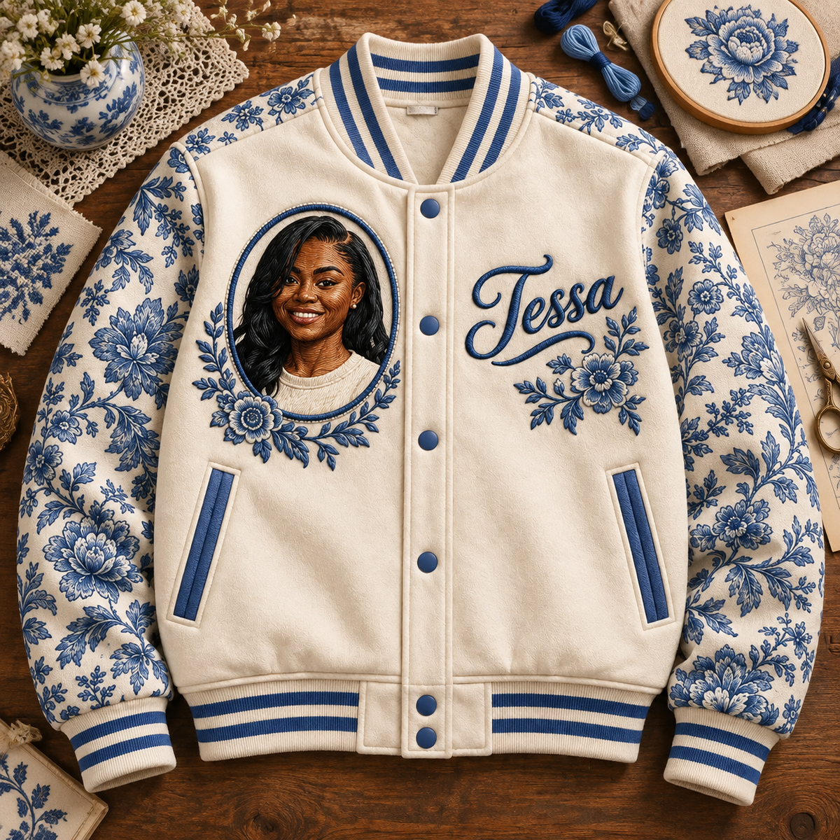 Personalized Botanical Varsity Jacket - Photo Portrait and Name, Modern Toile Style