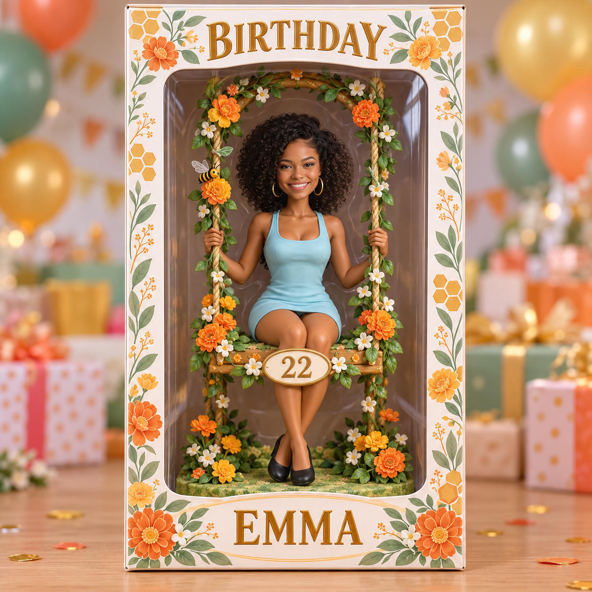 Personalized Floral Swing Display Box - Birthday Portrait Figurine with Name and Age