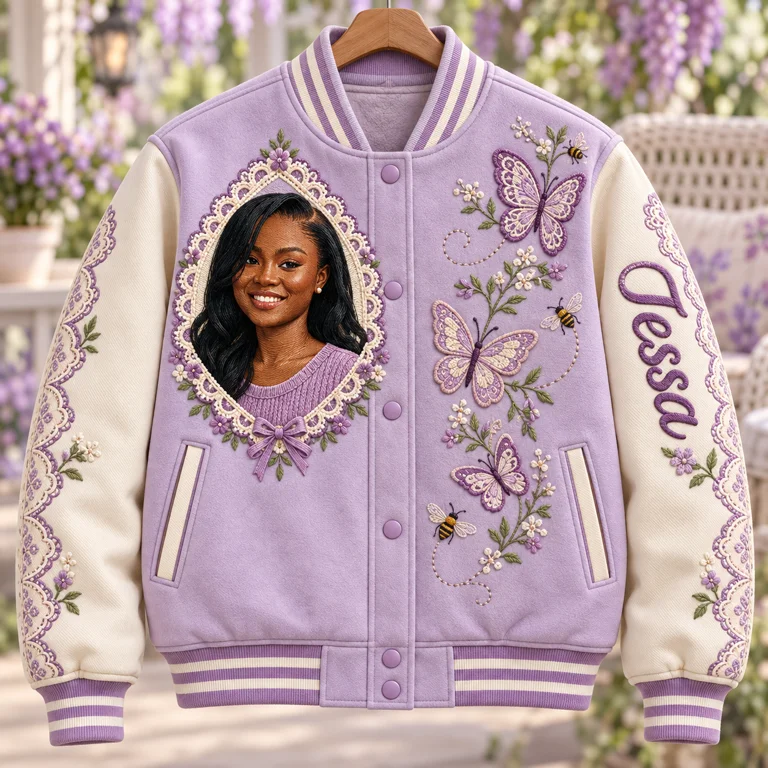 Personalized Butterfly Lace Varsity Jacket - Women's Portrait and Name