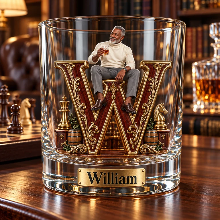 Personalized Custom Photo Chess Monogram Whiskey Glass - Gift for Older Men Who Love Whiskey