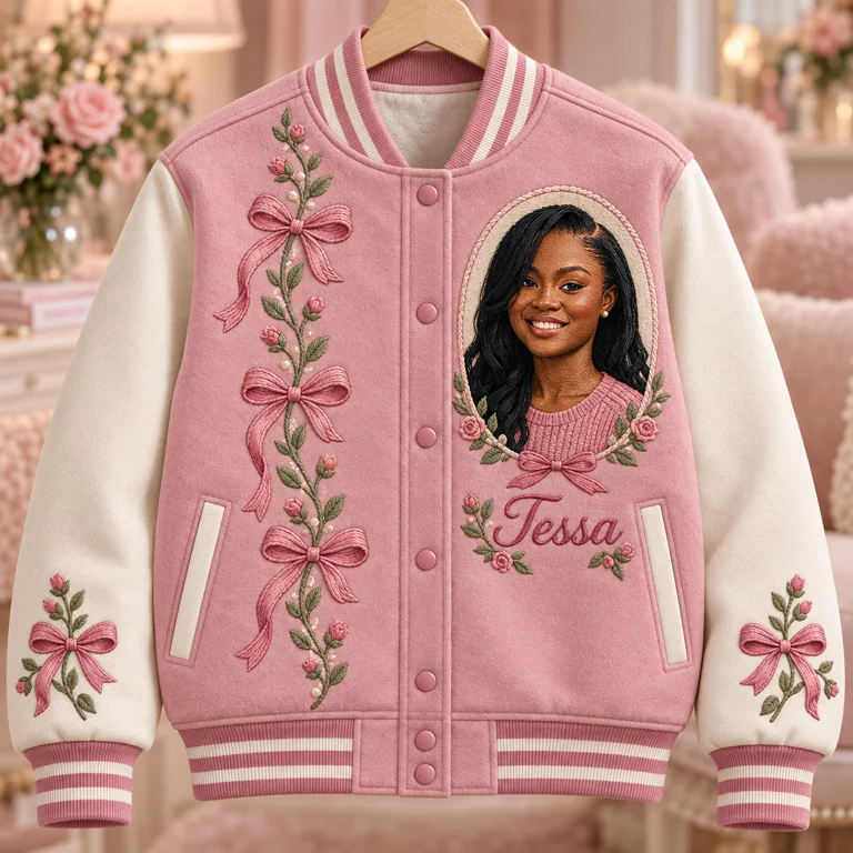 Personalized Rose Bow Varsity Jacket - Women's Birthday Gift with Portrait and Name