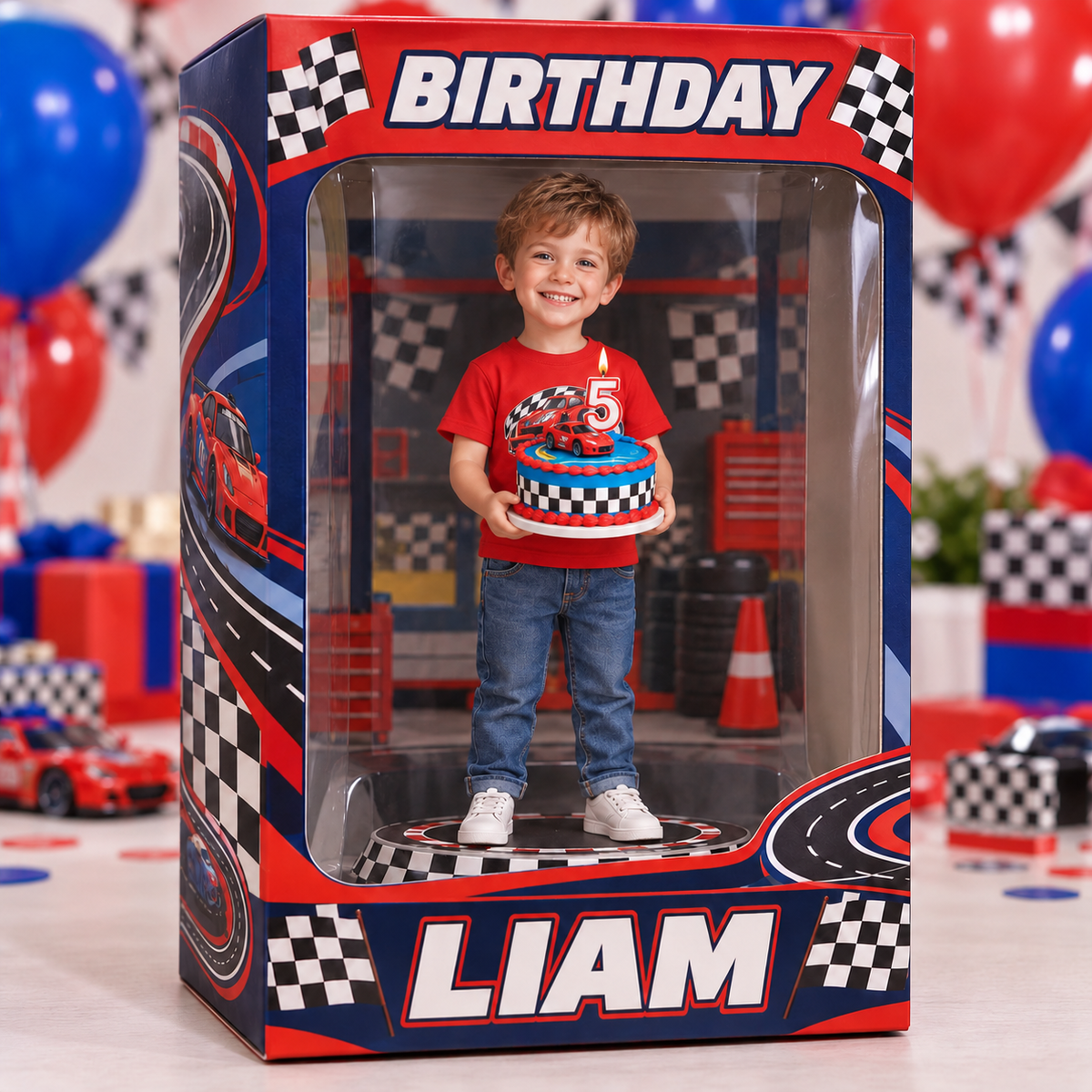 Boîte d'affichage acrylique personnalisée avec photo de voiture de course - Cadeau d'anniversaire pour garçon de 5 ans