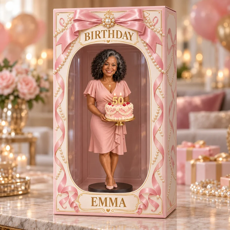 Personalized Custom Photo Pearl Bow Figurine in Acrylic Display Box - 50th Birthday Gift for Women
