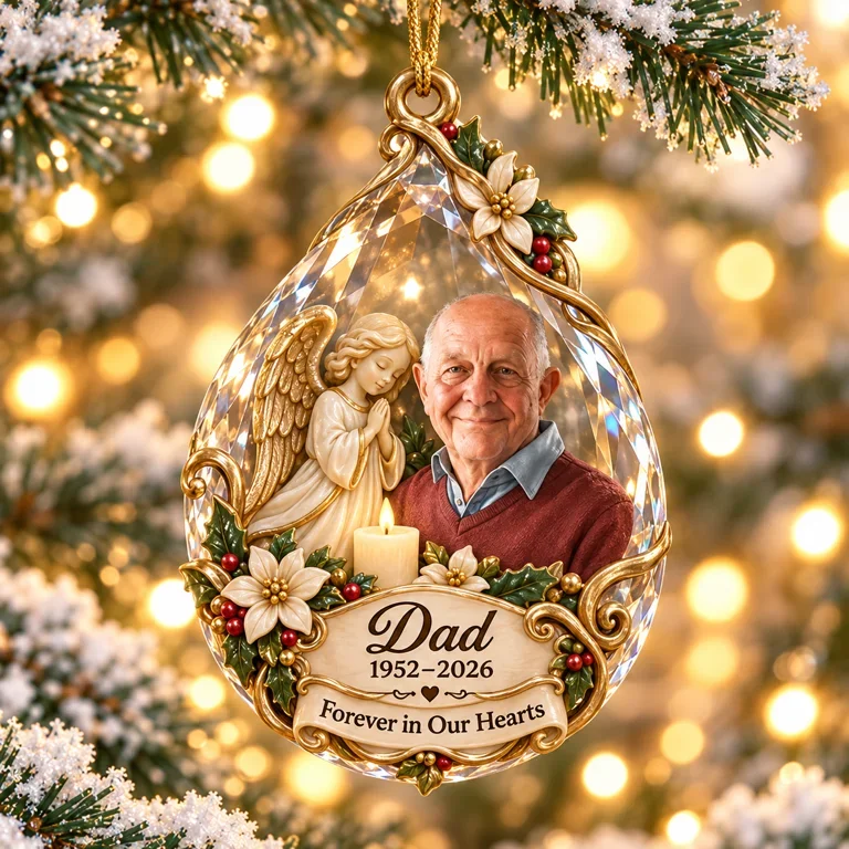 Personalized Custom Photo Dad Memorial Angel Candle Teardrop 3D Ornament - Christmas Remembrance Keepsake