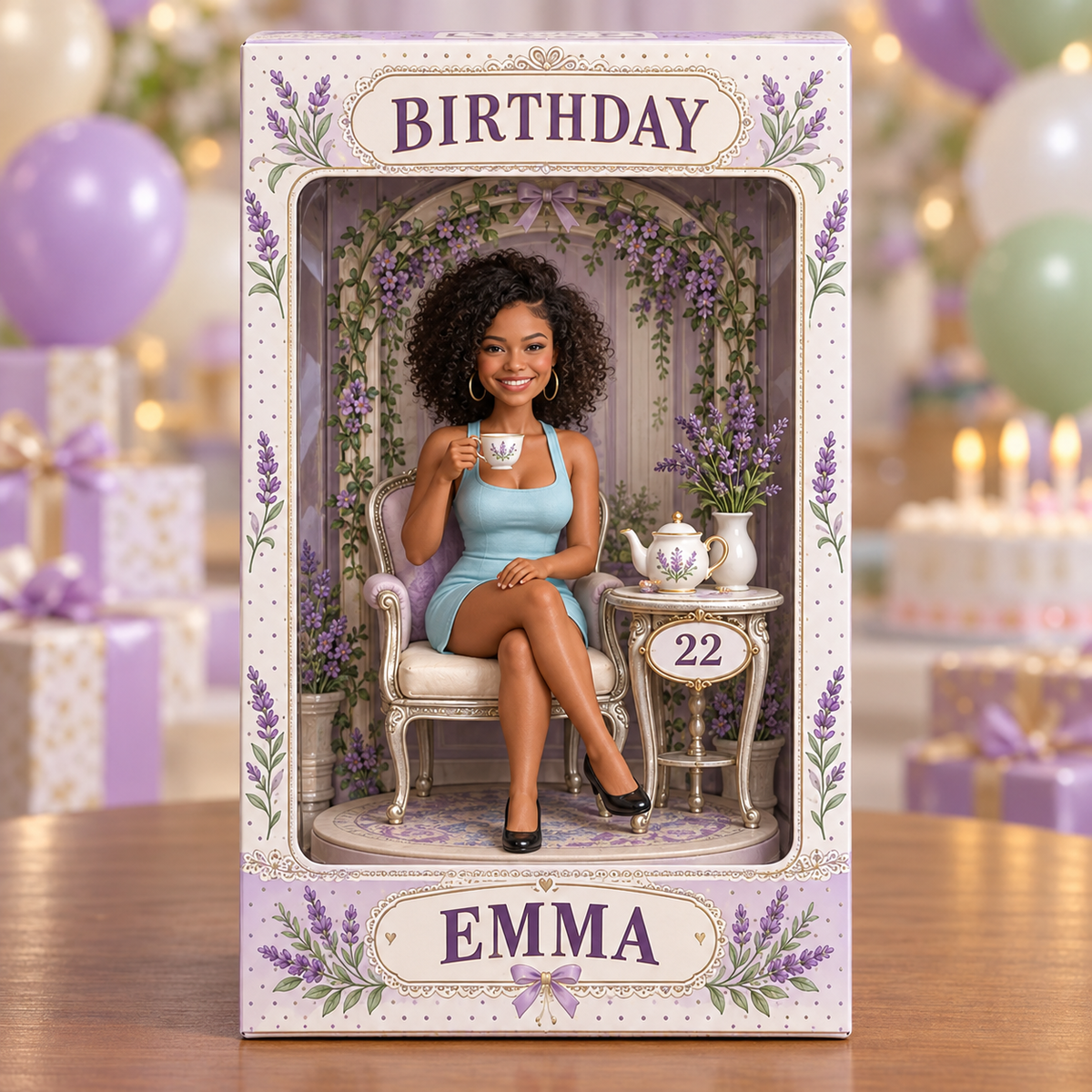 Personalized Birthday Figurine Display Box - Lavender Tea Party Photo Portrait with Custom Name and Age