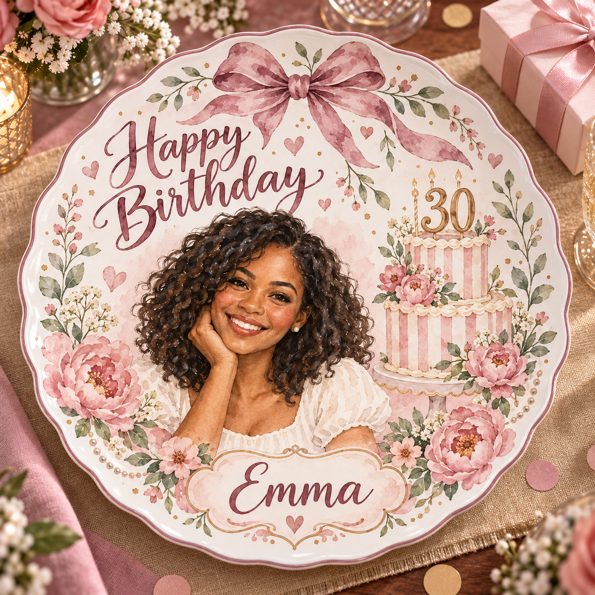 Personalized Birthday Ceramic Round Plate - Scalloped Floral Watercolor Portrait Gift