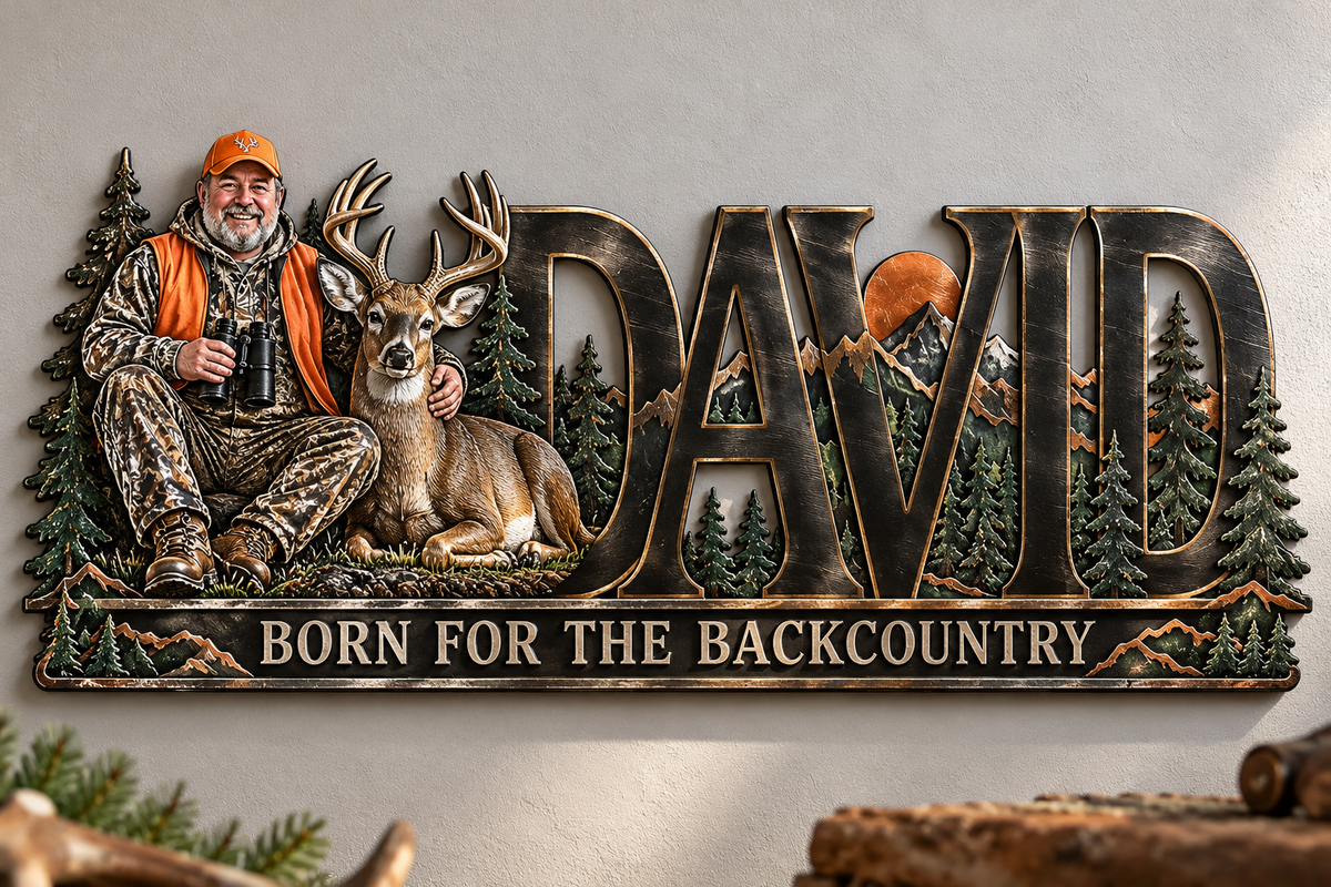 Personalized Hunting Metal Sign - Custom Photo and Name Wall Art with Forest and Mountain Design