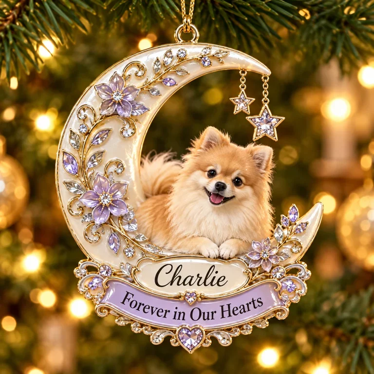 Personalized Custom Photo Pomeranian Memorial 3D Crescent Moon Ornament - Christmas Dog Lover Gift