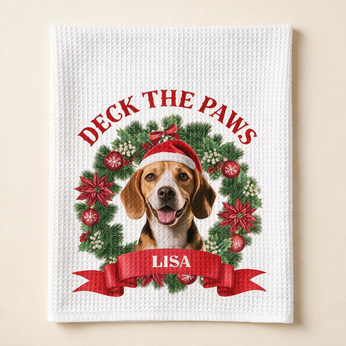 Torchon de Cuisine Beagle de Noël Personnalisé - Cadeau de Fête pour Maman Chien