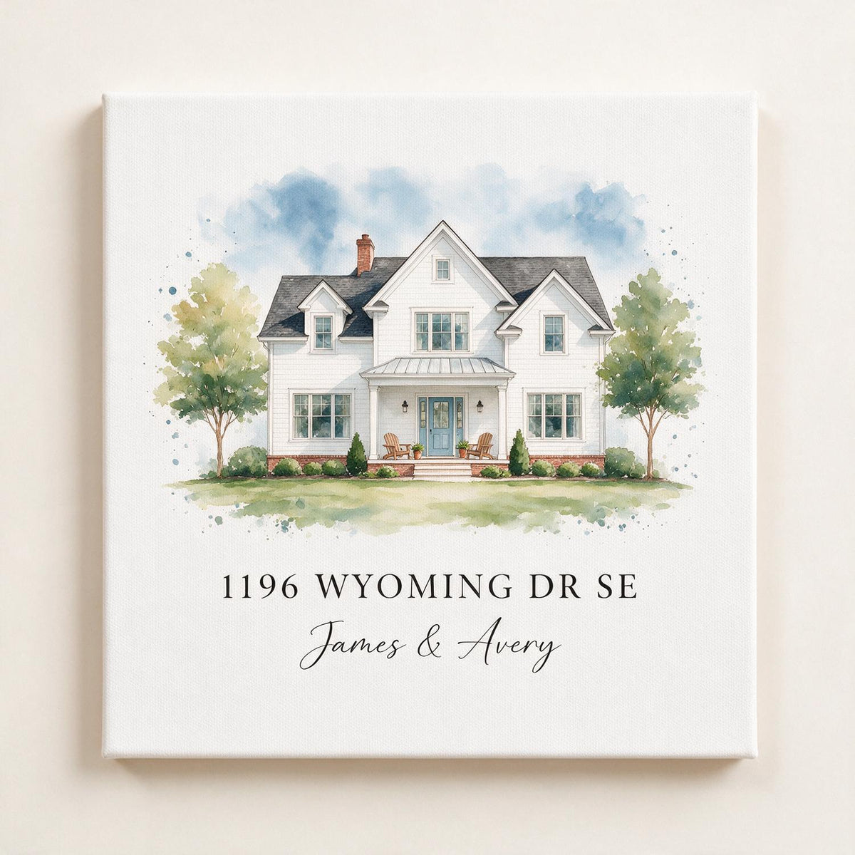 Personalized Housewarming Watercolor Home Portrait Canvas Wall Art, Custom Address First Home Gift