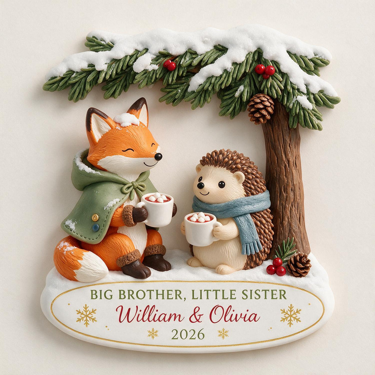 Personalized Christmas Big Brother Little Sister Woodland Fox & Hedgehog Acrylic Ornament Keepsake