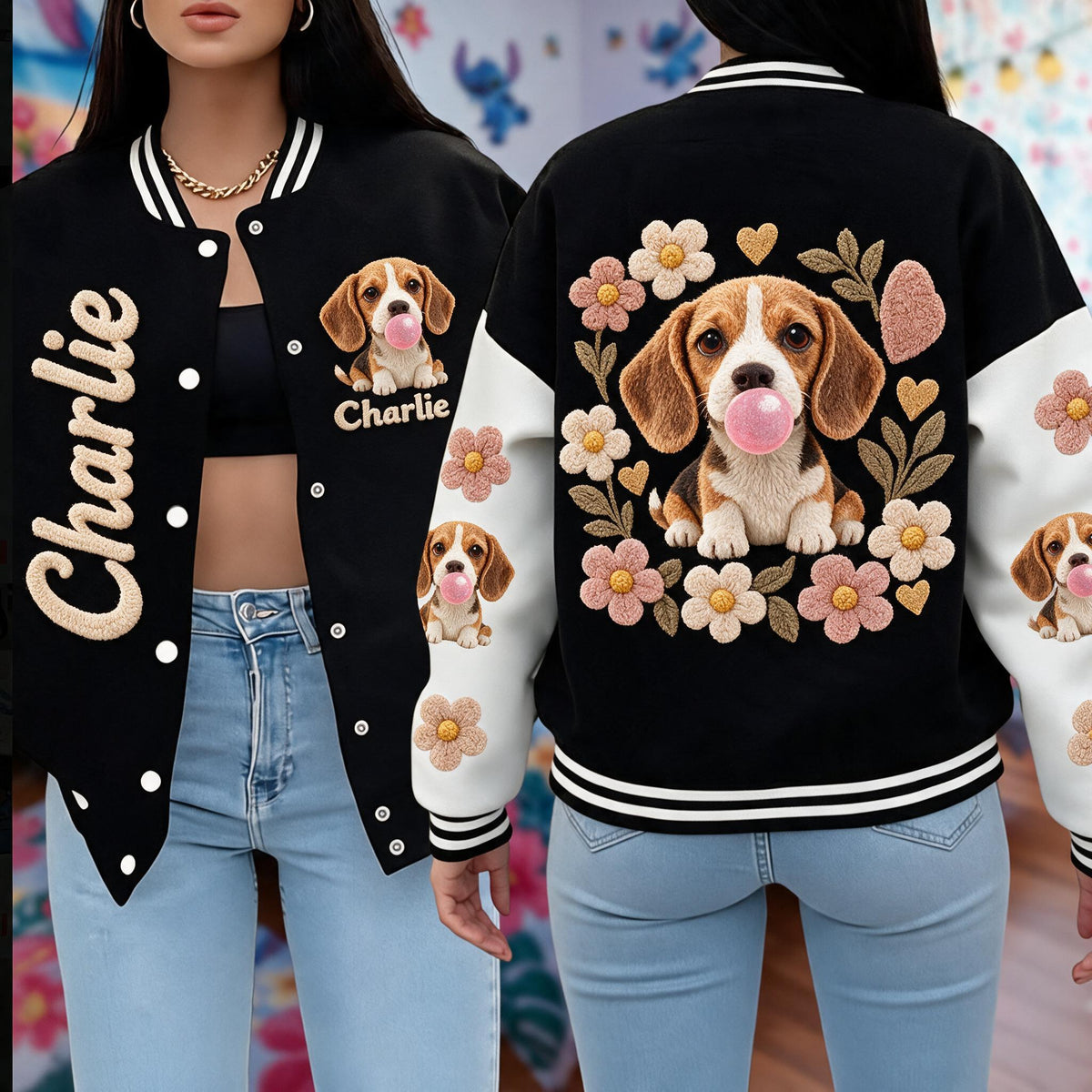 Personalized Tricolor Adult Beagle Varsity Jacket Dog Lover Casual Outerwear