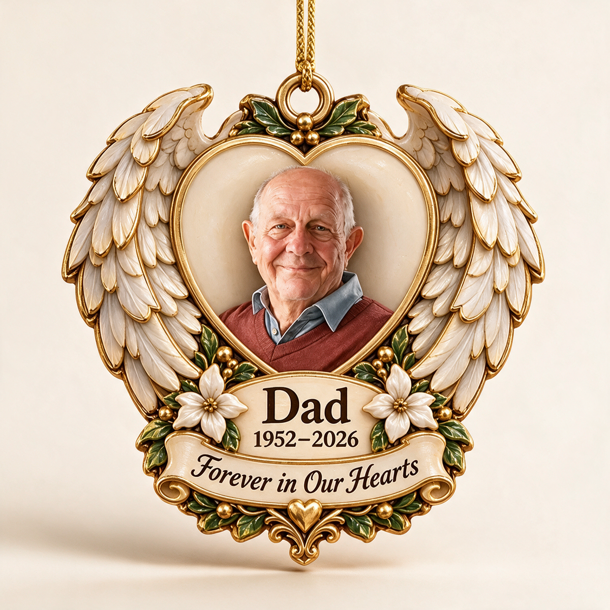 Personalized Custom Photo Dad Memorial Angel Wings Heart 3D Ornament - Christmas Remembrance Keepsake